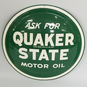 Quaker State Motor Oil button advertising sign- marked A-M 9-54 in excellent condition- 23 1/2"D