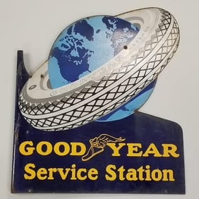 Good Year Service Station double sided porcelain advertising flange sign- 28 1/4"H 25 3/4"W 2 1/4"D