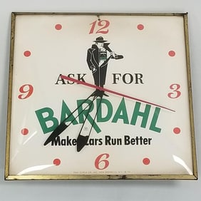 Bardahl electric advertising clock- Pam Clock Co- 15 1/4"H 15 1/4"W