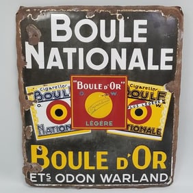 Boule Nationale advertising porcelain cigarette single sided sign (as seen- rust, etc.) 26 1/2"H 22