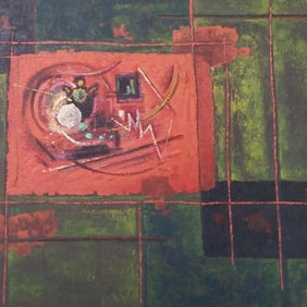 (Emil) Bisttram signed & dated '63 oil painting on board- 28 3/4"H 34 3/4"W OD framed