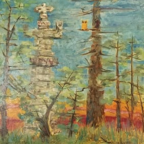 Charles Steward signed & dated '57 oil painting on board "God in the Forest" 25 1/2"H 23 1/2"W OD