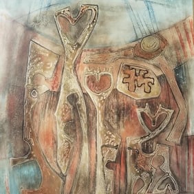 Jim Simmons framed signed mixed media on board "Sun Chasers" with exhibition label- Taos, NM- 45