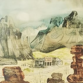 Charles Campbell signed mixed media artwork- 24 3/4"H 29 1/4"W OD framed