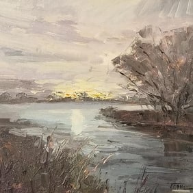 Troy Collins signed oil painting on board- "Snake River Willow" with labels on reverse- approx. 18"H