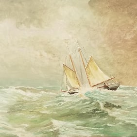 K.G. Esmond signed & dated 1968 oil painting on canvas- boats at sea- 25 3/8"H 29 3/8"W OD framed