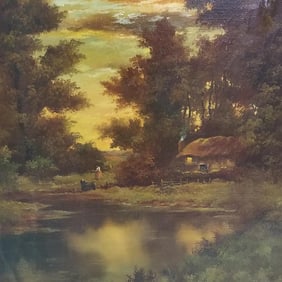 Henry T. Harvy signed (front & back) oil painting on canvas "Evening Lights" (some craquelure, frame