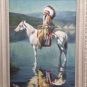 Chris Maverick framed signed oil painting on canvas- Native American on Horseback- approx. 53 1/2"H
