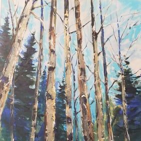 James Wilcox Dimmers signed painting under glass- "Aspen Cathedral"- 41 1/4"H 33 3/4"W OD framed