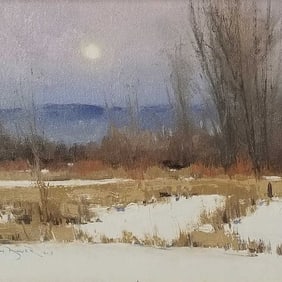 Ben Bauer signed oil painting on canvas board- "Moonrise at Hoffman Hills" 2013- 13 1/2"H 15 1/2"W