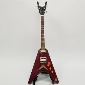 Dean V electric guitar serial #8002334 with case (as seen- worn, burn on reverse) 48"L 18 1/2"W 5"D