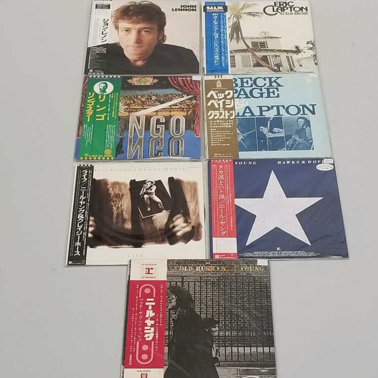 7 record albums: John Lennon (Japan), Eric Clapton (Japan), Ringo Starr (Japan), Beck, Page, Clapton: 7 record albums: John Lennon (Japan), Eric Clapton (Japan), Ringo Starr (Japan), Beck, Page, Clapton (Japan), & 3 Neil Young (Japan)
