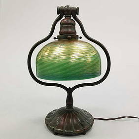 Tiffany Studios harp desk lamp #419 with damascene shade- signed LCT (ground spots and yellow (1 of 20)