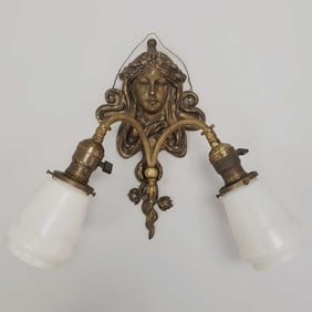 Art Nouveau sconce with 2 unsigned Steuben calcite shades- 12 1/2"H 16"W 6 1/4"D