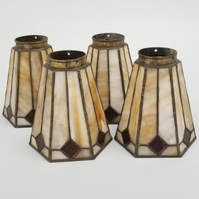 4 Arts & Crafts stained & leaded glass shades with Handel applied tags- 6 1/4"H 5 1/2"W