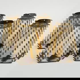 4 Arts & Crafts stained & leaded glass shades with Handel applied tags- 6 1/4"H 5 1/2"W: 4 Arts & Crafts stained & leaded glass shades with Handel applied tags- 6 1/4"H 5 1/2"W