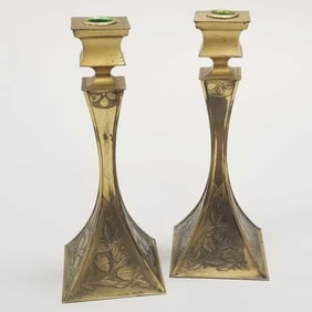 Pair Kronheim & Oldenbusch Art Nouveau candlesticks with engraved floral design- 10 1/2"H