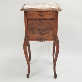 Antique carved French style commode stand with marble top & porcelain liner- 34 3/4"H 16 1/4"W 14