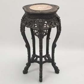 Antique Chinese carved 5 leg stand with marble top (some repairs) 33 1/2"H 19"W