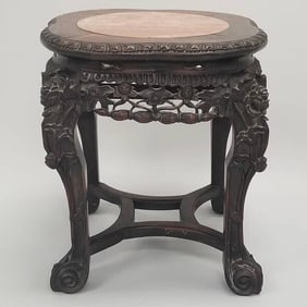 Antique Chinese carved low stand/ table with marble top (1 foot crack) 18 1/2"H 16"W