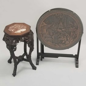 2 Chinese carved wood furniture items: tilt top table with glass top & antique marble stop stand (as