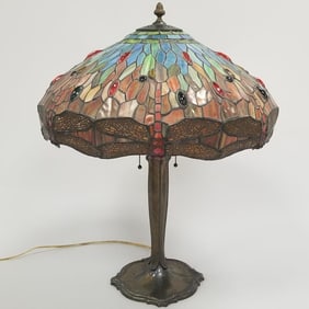 Vintage table lamp base with reproduction dragonfly stained & leaded glass shade- 25 1/2"H 20"D