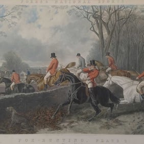 Antique Fox Hunting colored engraving "The Kill- Fores's National Sports"- 31 1/2"H 51"W framed OD