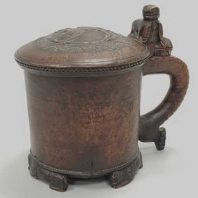 Antique carved Norwegian peg tankard with lion motif signed GOS (as seen- cracks, some restoration)