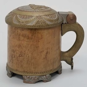 Antique carved Norwegian peg tankard with lion motif & painted accents- dated 1824- initialed