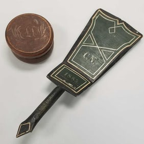 2 antique carved & painted Norwegian items: dated 1885 klappetra & small covered box- 15"x 5 1/4" x