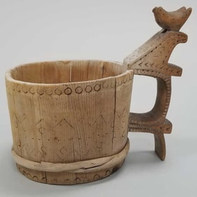 Antique Folk Art carved wood drinking vessel with bird motif- 9"H 9 1/2"W 8"D