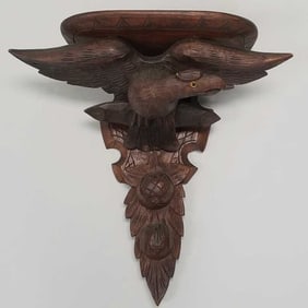 Antique 18"H American carved Folk Art eagle wall shelf with glass eye- 18"H 18W 8 3/4"D