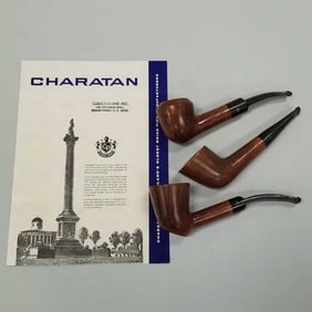 3 Charatan Executive handmade pipes with a vintage brochure- 7" longest; brochure 10" x 7 1/4"