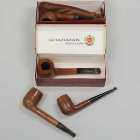 4 Charatan Special handmade pipes with 2 boxes- 6 1/2"longest; box 2"H 6 3/4"W 2 3/4"W