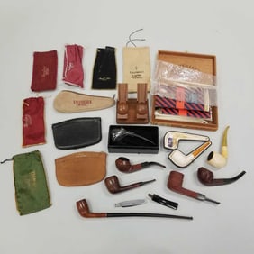 Group of 8 pipes & accessories incl Barlings, Savanelli, Meerschaum, etc- 12" longest; cigar box- 1