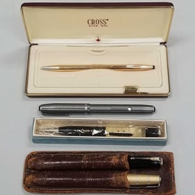 5 vintage writing instruments: fountain pens, mechanical pencil & ball point pen incl Parker