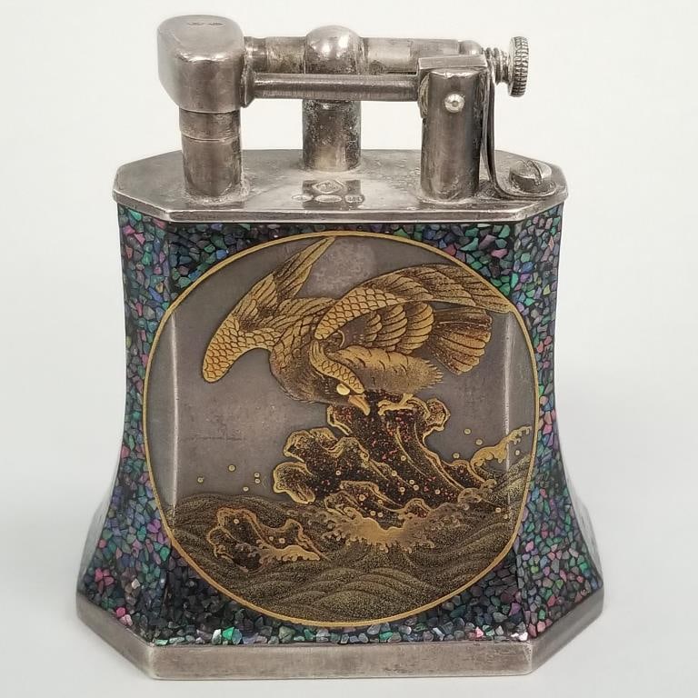 Antique Dunhill London sterling silver Namiki lacquer lighter with eagle & ship motif- patent (1 of 11)