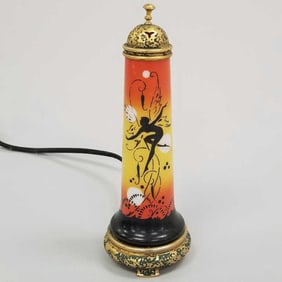 DeVilbiss Art Deco glass & brass perfume lamp with fairy motif (lacking insert; cord as seen) 8"H