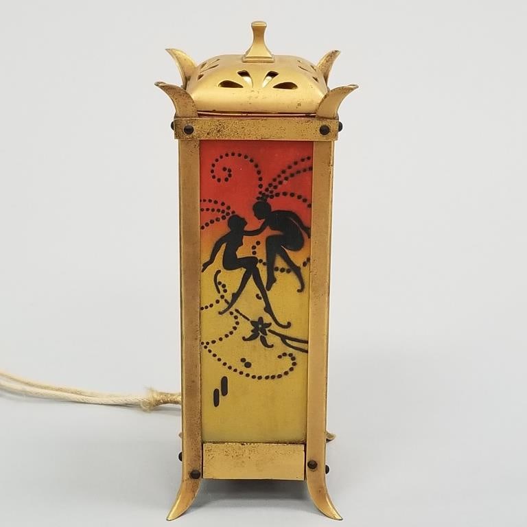 DeVilbiss Art Deco glass & brass perfume lamp with fairy motif (cord as seen) 6 1/4"H 2 1/4"W (1 of 17)