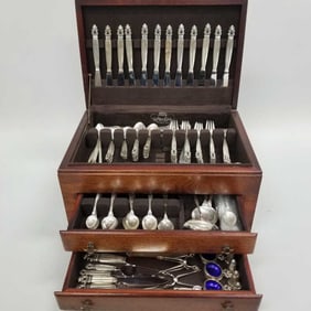 Georg Jensen 176 piece sterling silver flatware- acorn pattern- 178 troy oz total with wood chest-