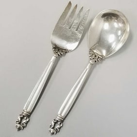 2 Georg Jensen sterling silver serving salad fork & spoon- 9" fork & 8 7/8" spoon- 6 troy oz.