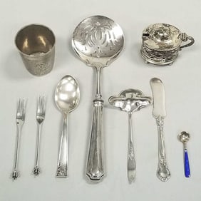 9 small silver articles incl hallmarked & dated 1769 cup & 8 pieces misc sterling- 6 troy oz total