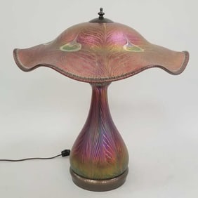 Charles Lotton signed & dated 2004 art glass lamp with peacock feather design on hammered base- 23"H