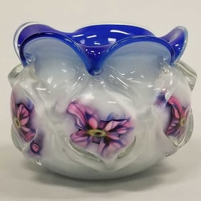 Charles Lotton signed & dated 2012 multi flora art glass vase- 5"H 7"W