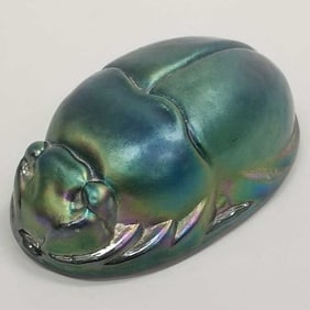 Redington Glass Furnaces signed iridescent glass scarab- 1 3/4"H 5"L 2 7/8"W
