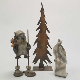 3 metal, etc art sculptures incl penguin on stilts 23 1/4"H tallest (tree)
