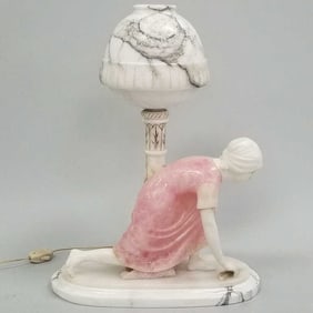 Marble 2 color figural lamp & shade (as seen- base has been repaired) 24"H 17"L