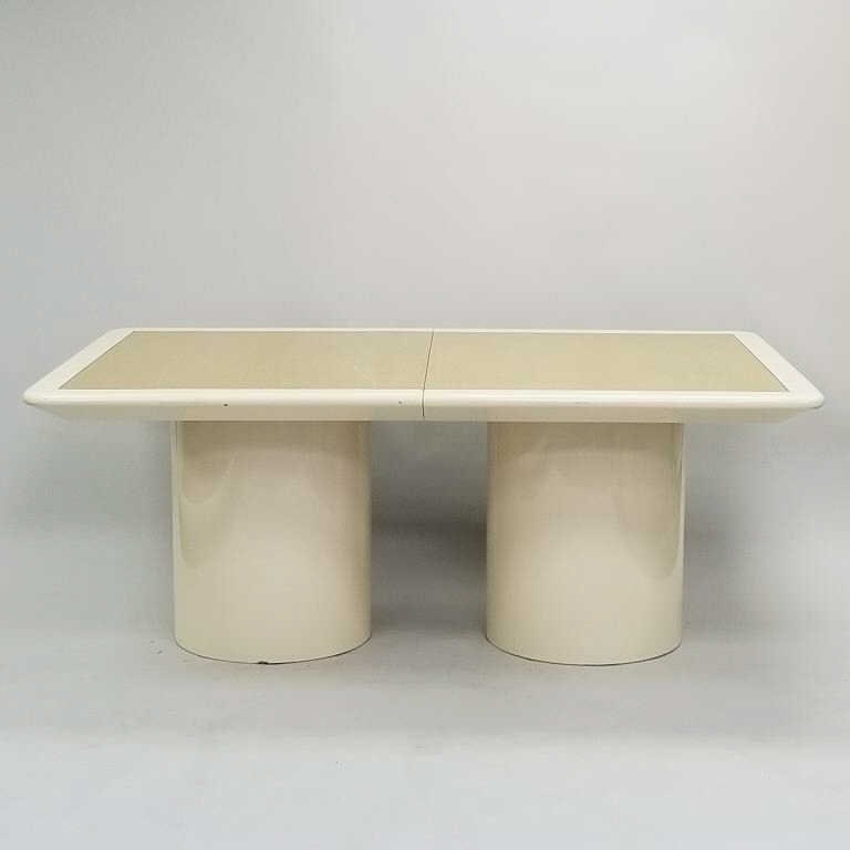 Post Modern Karl Springer style dining table with 2 leaves (some as seen-scratches, etc.) 28 3/4"H: Post Modern Karl Springer style dining table with 2 leaves (some as seen-scratches, etc.) 28 3/4"H 72"L 45"W (closed) 18"W leaves