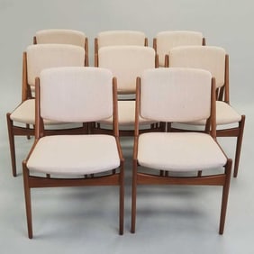 8 Arne Vodder Ella teak side chairs with rotating back support (some stains to fabric) 31"H 19 1/2"W