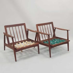 Pair John Bone (Moreddi style) Danish teak lounge chairs (webbing as seen) 26"H 29"W 27"D